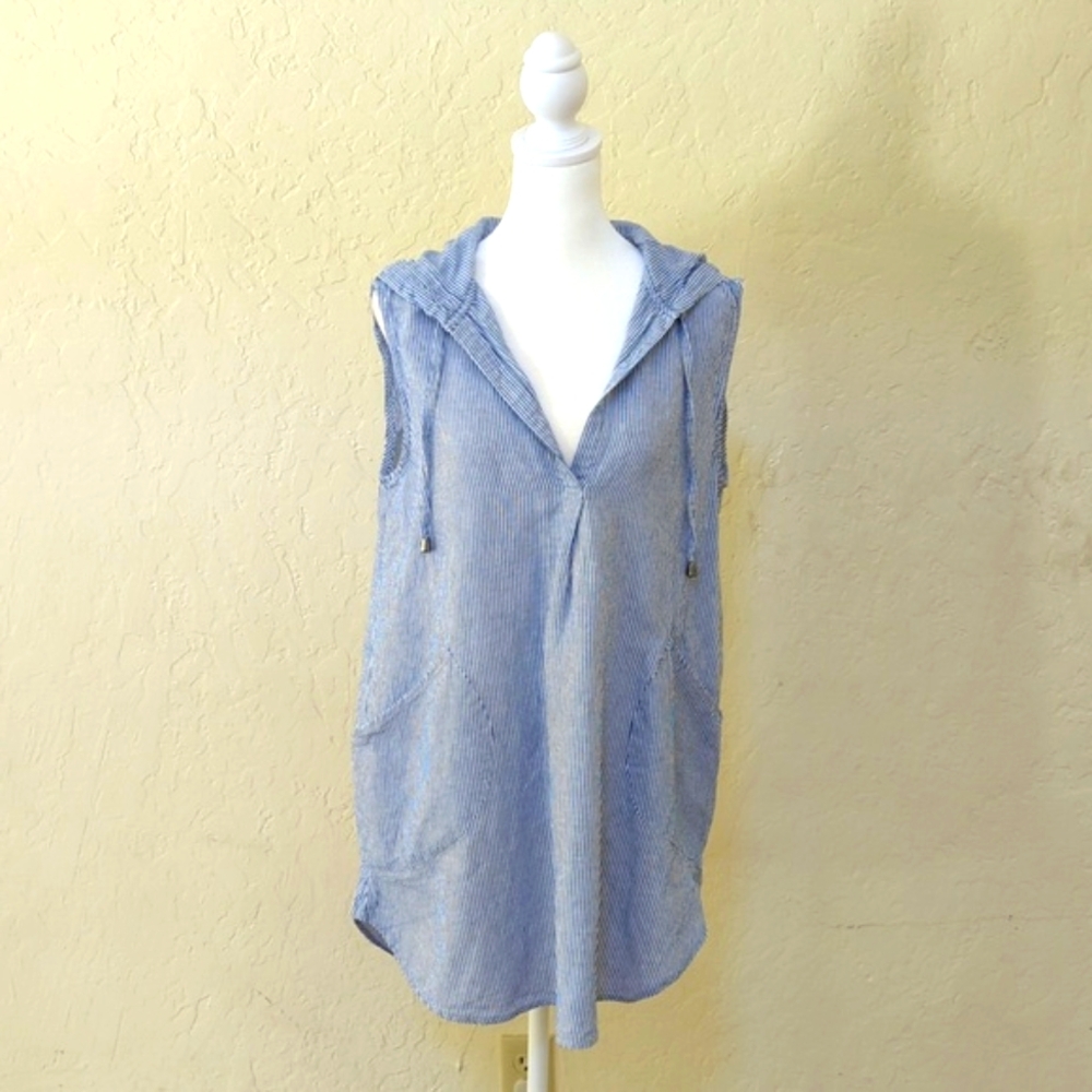 3/$20🌟 ForCynthia Beachwear Blue Seersucker Sleeveless Hooded Coverup Medium